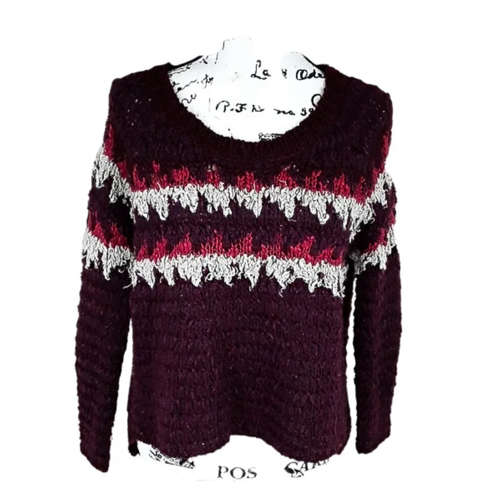Free People Womens Sweater XS Purple Fair Isle Knit Wool Blend Cozy Boho